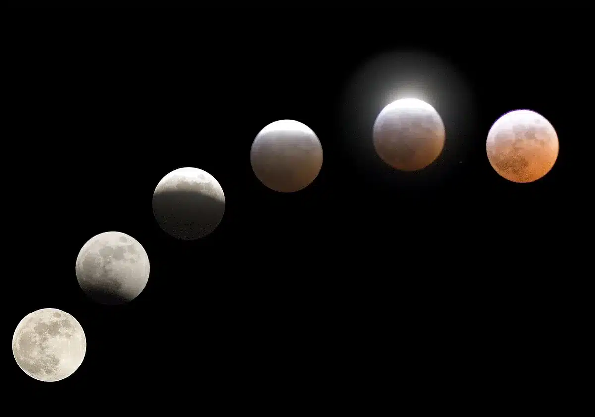 Secuencia del cielo durante las fases iniciales del eclipse lunar
