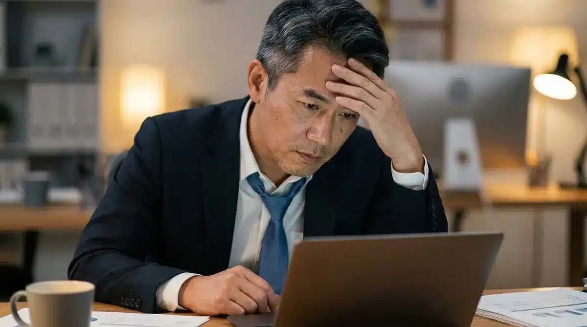 Profesional agotado en su escritorio, mostrando signos de cansancio cognitivo