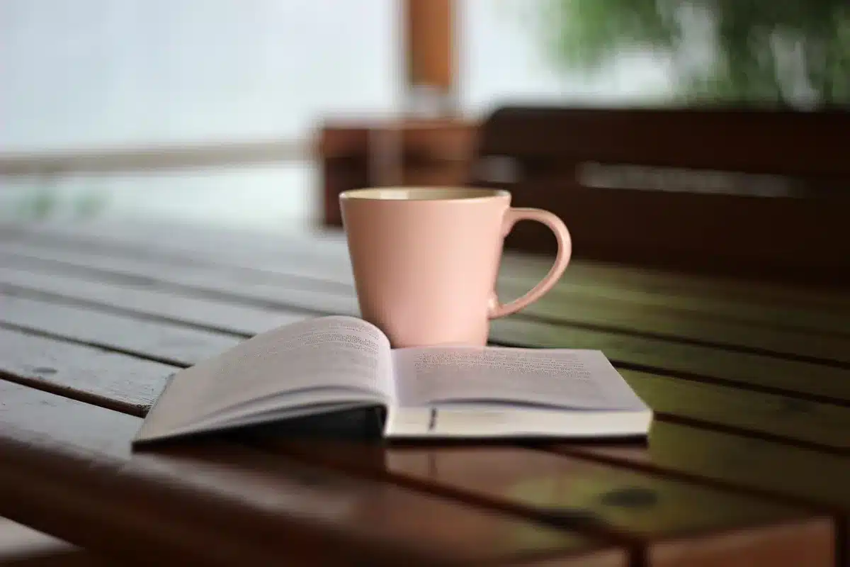 Manos sosteniendo una taza y un libro junto a una ventana con luz natural